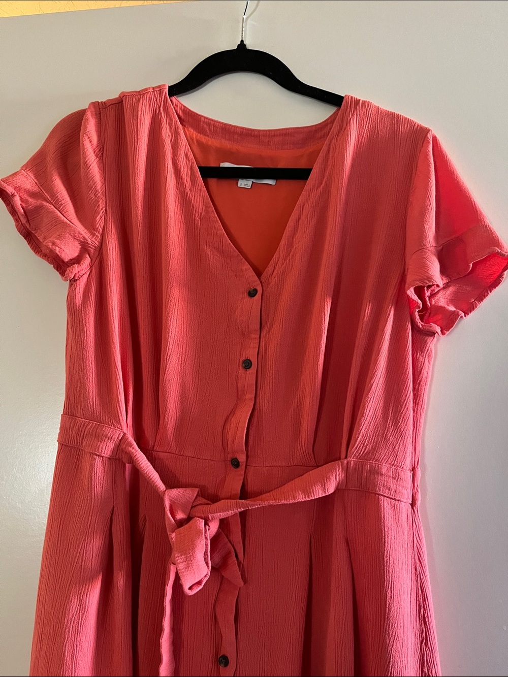 LOFT Coral-Orange Button-Front Midi Dress with Waist Tie - Picture 3 of 6